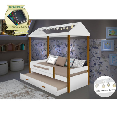 Beliche Montessoriana Design Infantil Sara Solteiro C/ Led  - Branco/Amêndoa Incluso Lousa Mágica