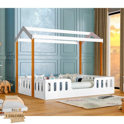 Cama Casal Casinha Montessoriana Ágatha Com Colchão D28 - Branco/Mel