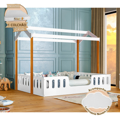 Cama Com Colchão Montessoriana Casal Infantil Ágatha Branco/Amêndoa Incluso Luminária