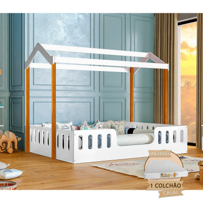 Cama Infantil Com Colchão Casal Casinha Segura Montessoriana Ágatha - Branco/Mel