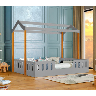 Cama Para Criança Infantil Ágatha Casal Casinha Montessoriana Cinza/Mel