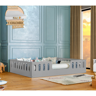 Cama Casal Infantil Montessoriana Helo Com Colchão Cinza
