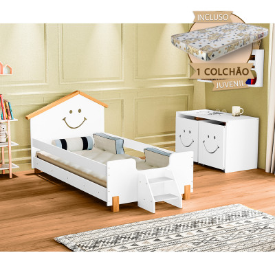 Cama De Criança Com Colchão Juvenil Smile Alegra - Branca E Mel