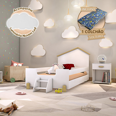 Cama De Criança Infantil Com Colchão E Escadinha Solteiro Ayla Branca E Natural + Luminária Led