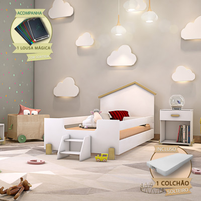 Cama De Criança Infantil Com Colchão E Escadinha Solteiro Ayla Branca/Natural Incluso Lousa Mágica