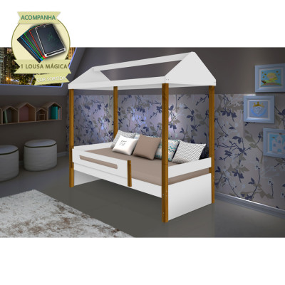 Cama Montessoriana Infantil Solteiro Sara  - Branco/Amêndoa Incluso Lousa Mágica