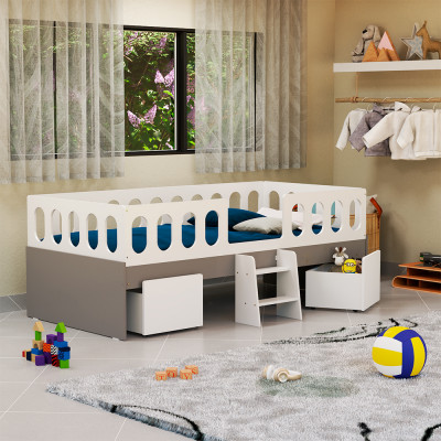 Cama Infantil Lara Solteiro Com Nichos E Escadinha Branco E Cinza