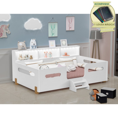 Cama Infantil Montessoriana Mary Com Escada Led E Nicho Branco/Mel + Acompanha Lousa Mágica