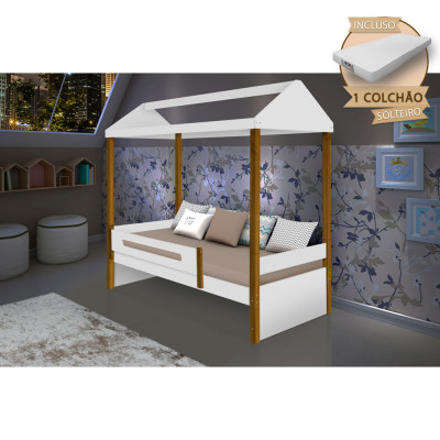 Cama Montessoriana Infantil Sara Solteiro Com Colchão Divaloto - Branco/Amêndoa