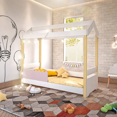 Cama Montessoriana Infantil Casinha Solteiro Jhulia Grade Rosa - Branco E Natural