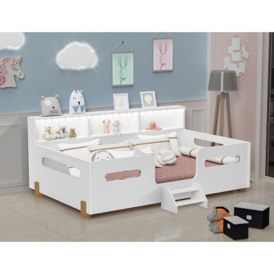 Cama Infantil Montessoriana Mary Com Escada Led E Nicho Branco/Mel