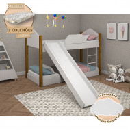 Beliche Infantil Luiza Com Colchões Juvenil + Escorregador E Luminária Led - Branca/Amêndoa