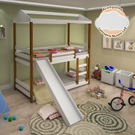 Beliche Infantil Juvenil Manuela com Escorregador Branco e Mel - Acompanha Nuvem Luminária Led