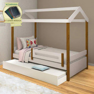Bicama Solteiro Montessoriana Eliz Com Grade De Proteção Branco/Mel Incluso Lousa Mágica