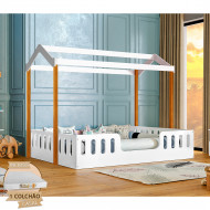 Cama Com Colchão D28 Montessoriana Casal Infantil Ágatha Branco/Amêndoa