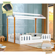 Cama Com Colchão Montessoriana Casal Infantil Ágatha Branco/Amêndoa Incluso Lousa Mágica(100)