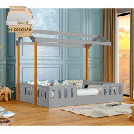 Cama Infantil Com Colchão Casal Casinha Segura Montessoriana Ágatha Cinza E Mel(100)