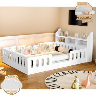 Cama Casal Design Montessoriana Helo Com Nicho E Colchão D28 Branca Divaloto + Luminária