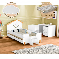 Cama Com Colchão Juvenil Smile Infantil Alegra Branca E Amêndoa + Luminária Led