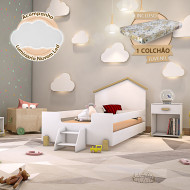 Cama Infantil Com Colchão E Escadinha Juvenil Ayla Branca E Natural Acompanha Luminária Led(100)