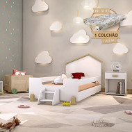 Cama Infantil Montessoriana Com Colchão E Escadinha Juvenil Ayla - Branca E Natural