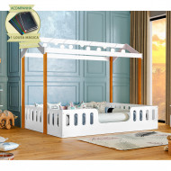Cama De Criança Montessoriana Ágatha Casal Com Led Branco/Amêndoa Incluso Lousa Mágica(100)
