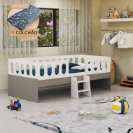 Cama Infantil Lara Solteiro Com Escadinha E Colchão Branco E Cinza