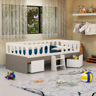 Cama Juvenil Lara Solteiro Com Nichos E Escadinha Branco E Cinza