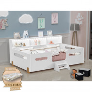 Cama Juvenil Mary Com Escada Led E Nicho + Colchão Branco/Mel(100)