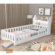 Cama Infantil Montessoriana Helo Solteiro Com Colchão + Nicho E Led Branca(100)