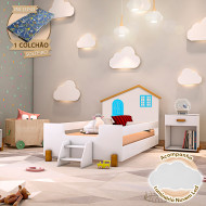 Cama Infantil Solteiro Belissima Azul - Branco E Amêndoa + Luminária Led + Colchão(100)