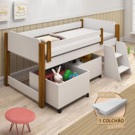 Cama Naty Solteira Design Infantil Com Nichos E Colchão Divaloto - Branco/Amêndoa(100)