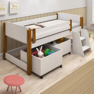 Cama Infantil Naty Solteiro Com Nichos Divaloto - Branco/Mel