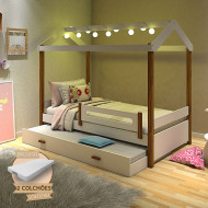 Bicama Solteiro Com Colchões e Led Casinha Montessoriana Eliz Proteção Branco/Mel