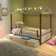 Cama Solteiro Com Led Casinha Montessoriana Eliz Com Cama Auxiliar Branco/Mel