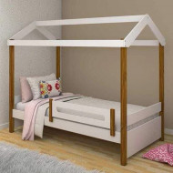 Cama Solteiro Casinha Montessoriana Eliz Com Grade De Proteção Branco/Mel(100)