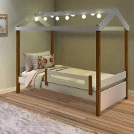 Cama Solteiro Com Led Casinha Montessoriana Eliz Com Grade De Proteção Branco/Mel(100)