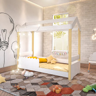 Cama Montessoriana Infantil Casinha Solteiro Jhulia Grade Branca - Branco E Natural