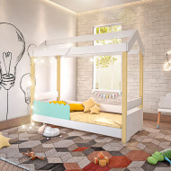 Cama Infantil Montessoriana Solteiro Com Led Jhulia Grade Menta - Branco E Natural