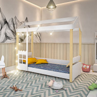 Cama Infantil Montessoriana Solteiro Com Led Laura Grade Branca - Branco E Natural