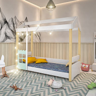 Cama Infantil Laura Casinha Montessoriana Solteiro Grade Menta - Branco E Natural