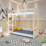 Cama Infantil Montessoriana Solteiro Com Led Laura Grade Rosa - Branco E Natural
