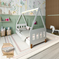 Cama Juvenil Susy Com Led Grades De Proteção E Colchão Branco/Mel 